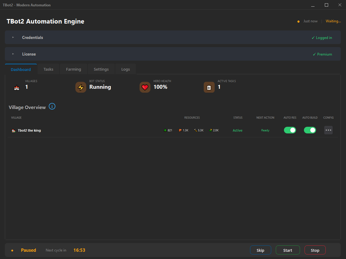 TBot2 Travian bot dashboard - village overview with resource tracking and building queues
